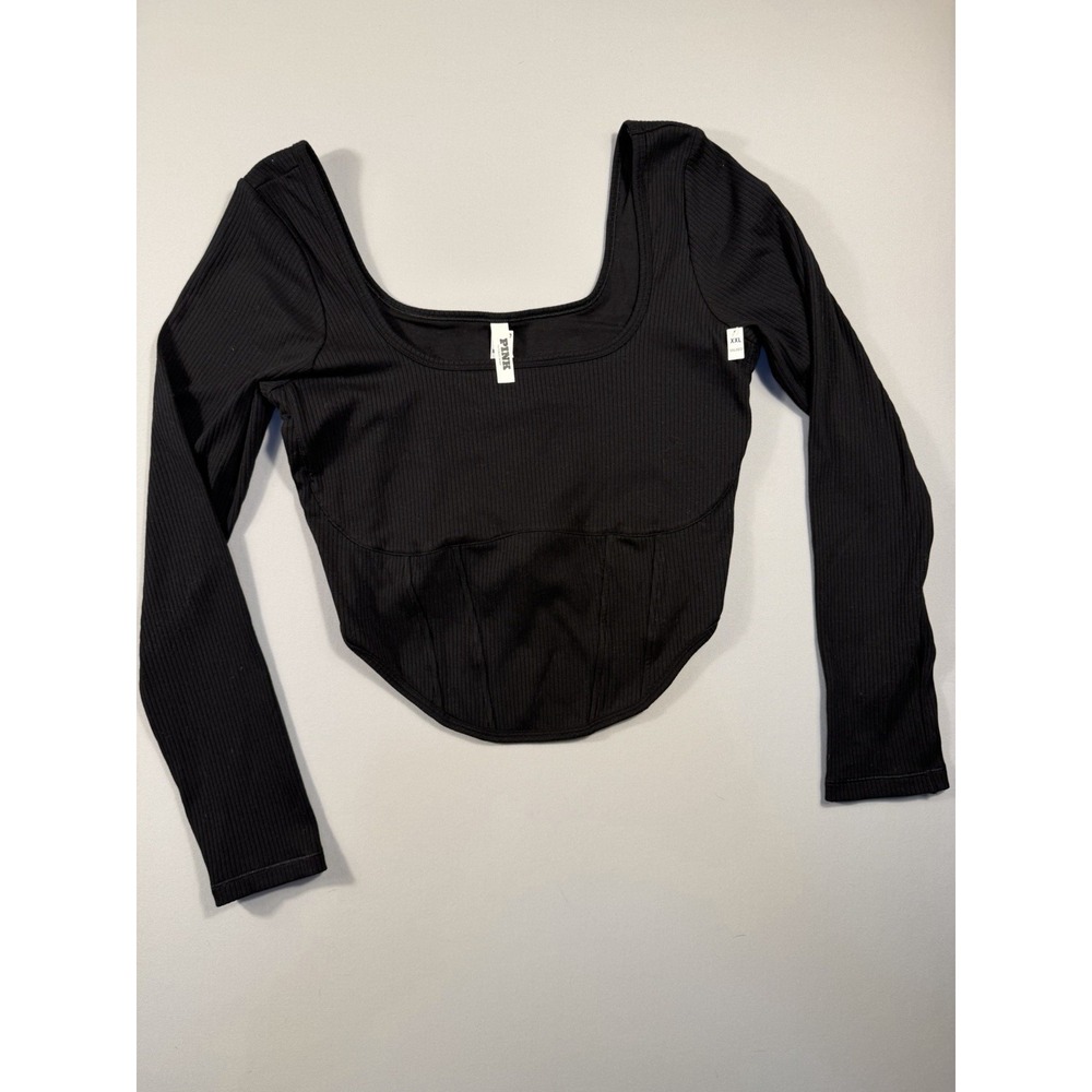PINK Victoria's Secret Black Ribbed Corset Top Long Sleeve Crop Curved Hem XXL